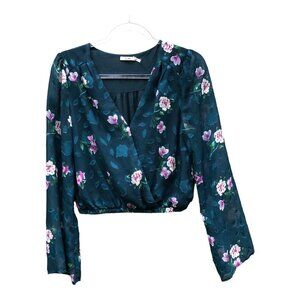 Mi Ami Floral Long Sleeve Teal Green Wrap Blouse Small
